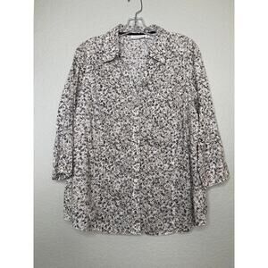 St. John’s Bay Floral Cotton Button Front Blouse Women’s Neutral V Neck 1X